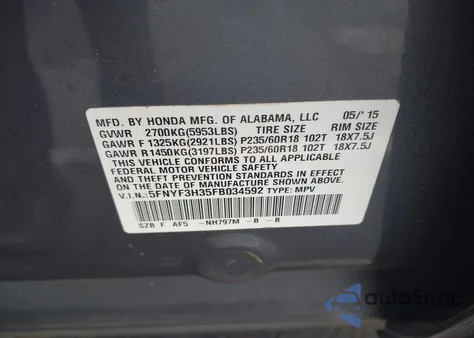 2015 Honda Pilot Se из США, поврежденный, VIN 5FNYF3H35FB034592